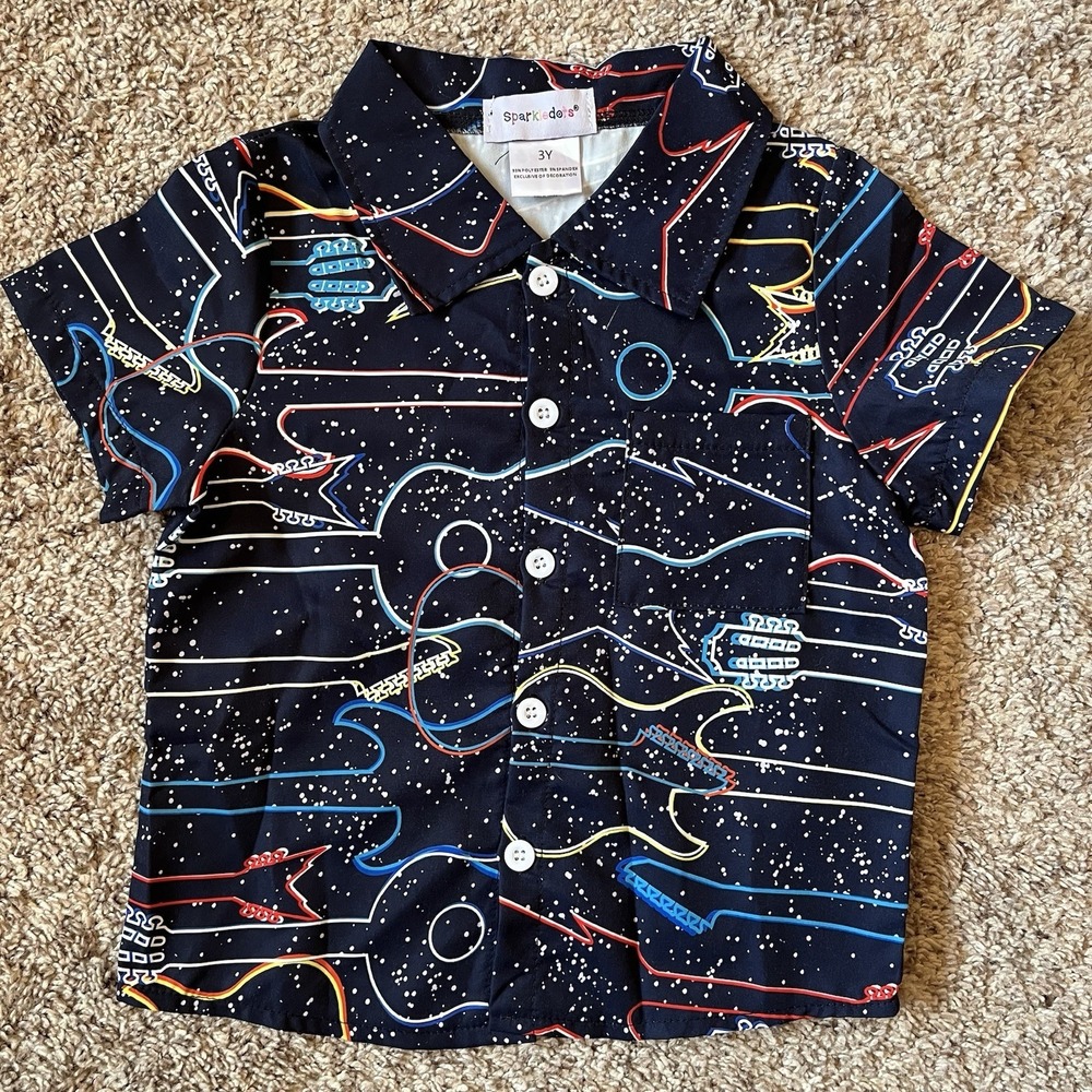 NWOT 3T Boys Button Up Shirt Blue Guitar Theme Bright Short Sleeve